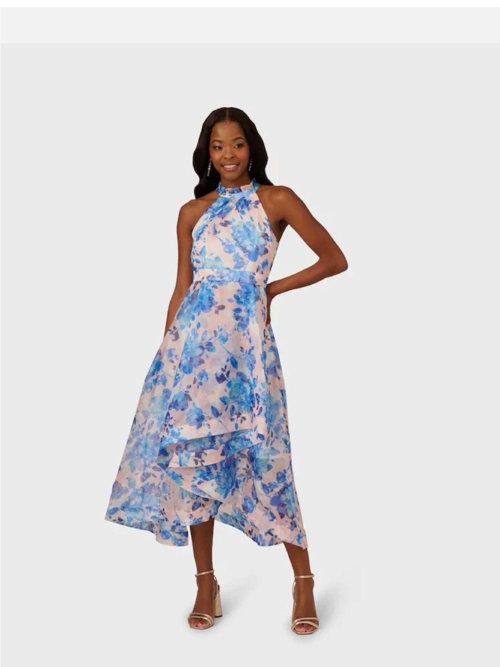 Floral Halter High-Low Dress in Blue and Pink